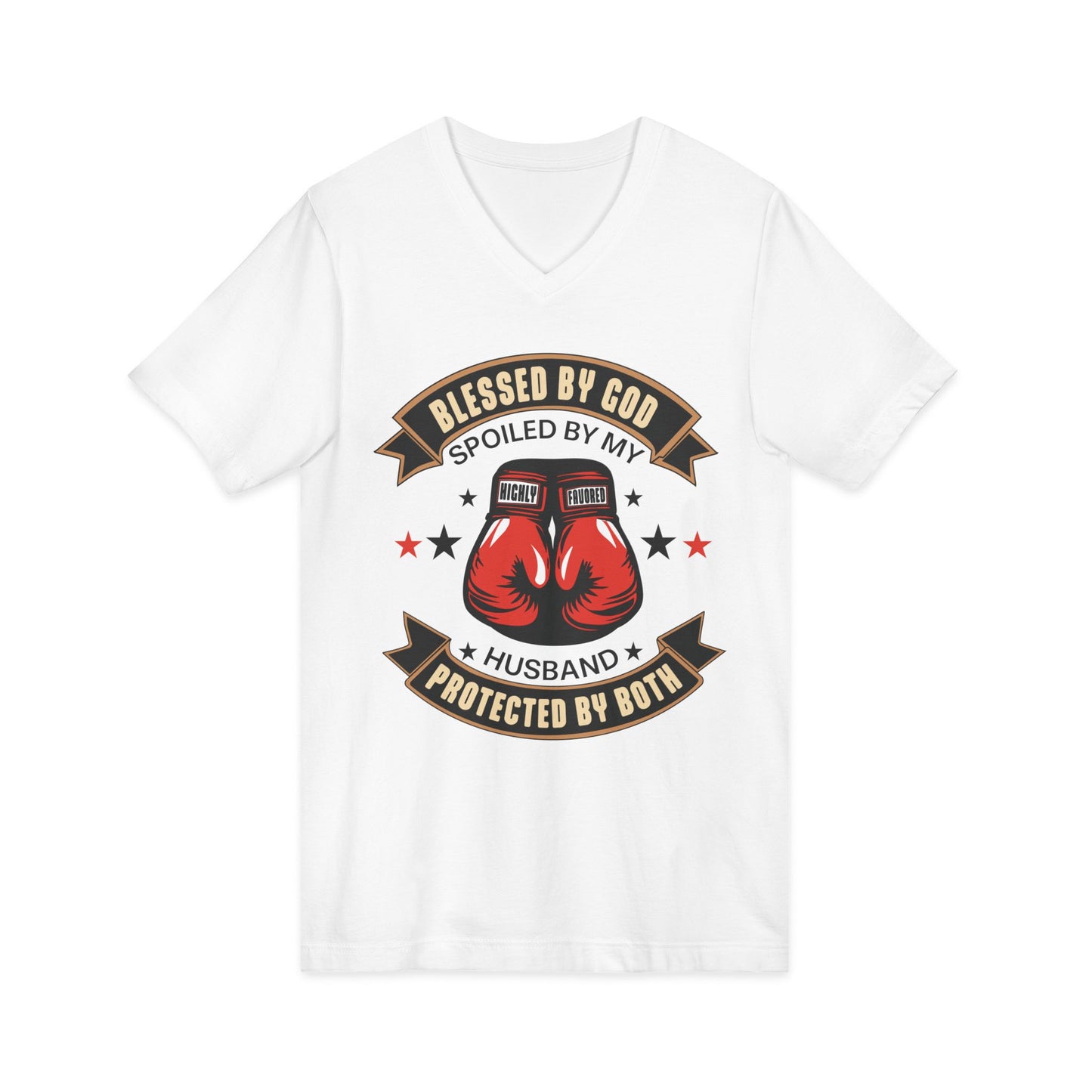 Blessed by God, Spoiled by My Husband, Protected by Both Christian V-Neck Tee