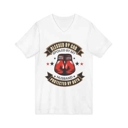 Blessed by God, Spoiled by My Husband, Protected by Both Christian V-Neck Tee