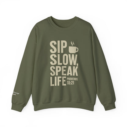 Sip Slow Speak Life Sweatshirt – Proverbs 18:21 Coffee Christian Crewneck