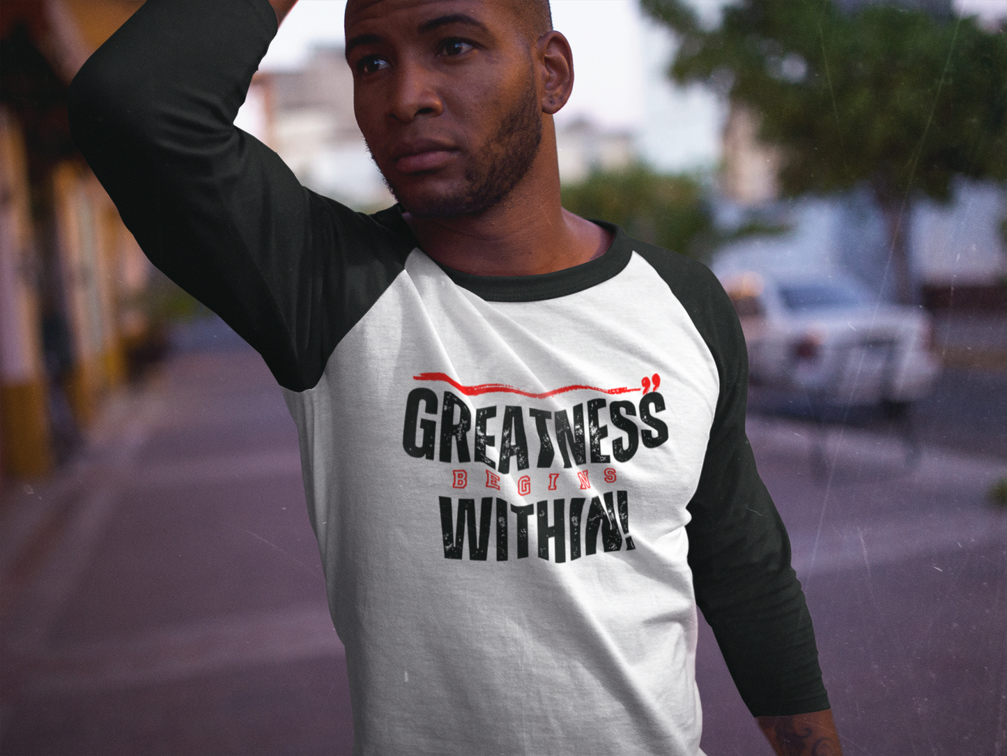 Greatness Begins Within Baseball Tee – Inspirational 3/4 Sleeve Shirt