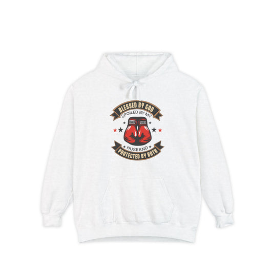 Hoodie - "Blessed by God, Spoiled by My Husband, Protected by Both" Retro Boxing Gloves Pullover