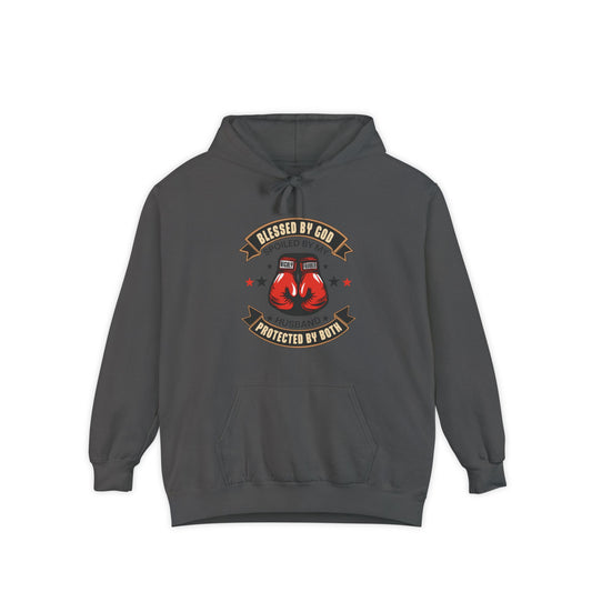 Hoodie - "Blessed by God, Spoiled by My Husband, Protected by Both" Retro Boxing Gloves Pullover