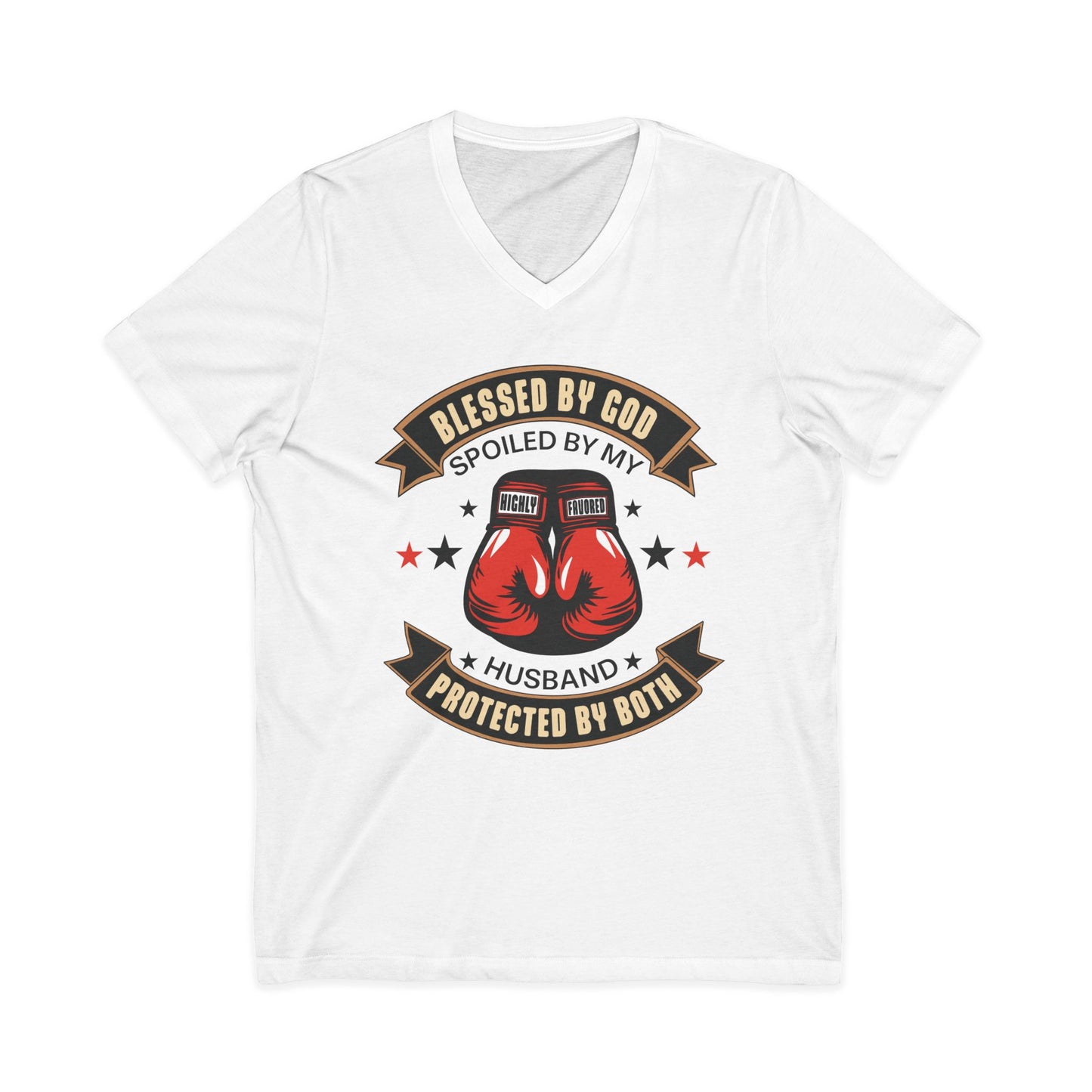 Blessed by God, Spoiled by My Husband, Protected by Both Christian V-Neck Tee