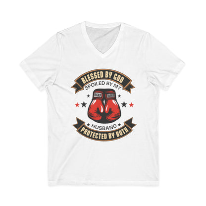 Blessed by God, Spoiled by My Husband, Protected by Both Christian V-Neck Tee