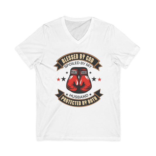 Blessed by God, Spoiled by My Husband, Protected by Both Christian V-Neck Tee